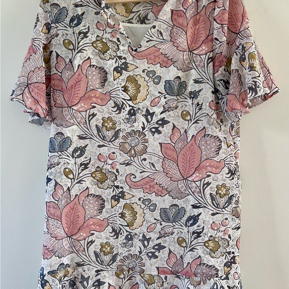 LOFT Pink and Green Floral Midi Dress